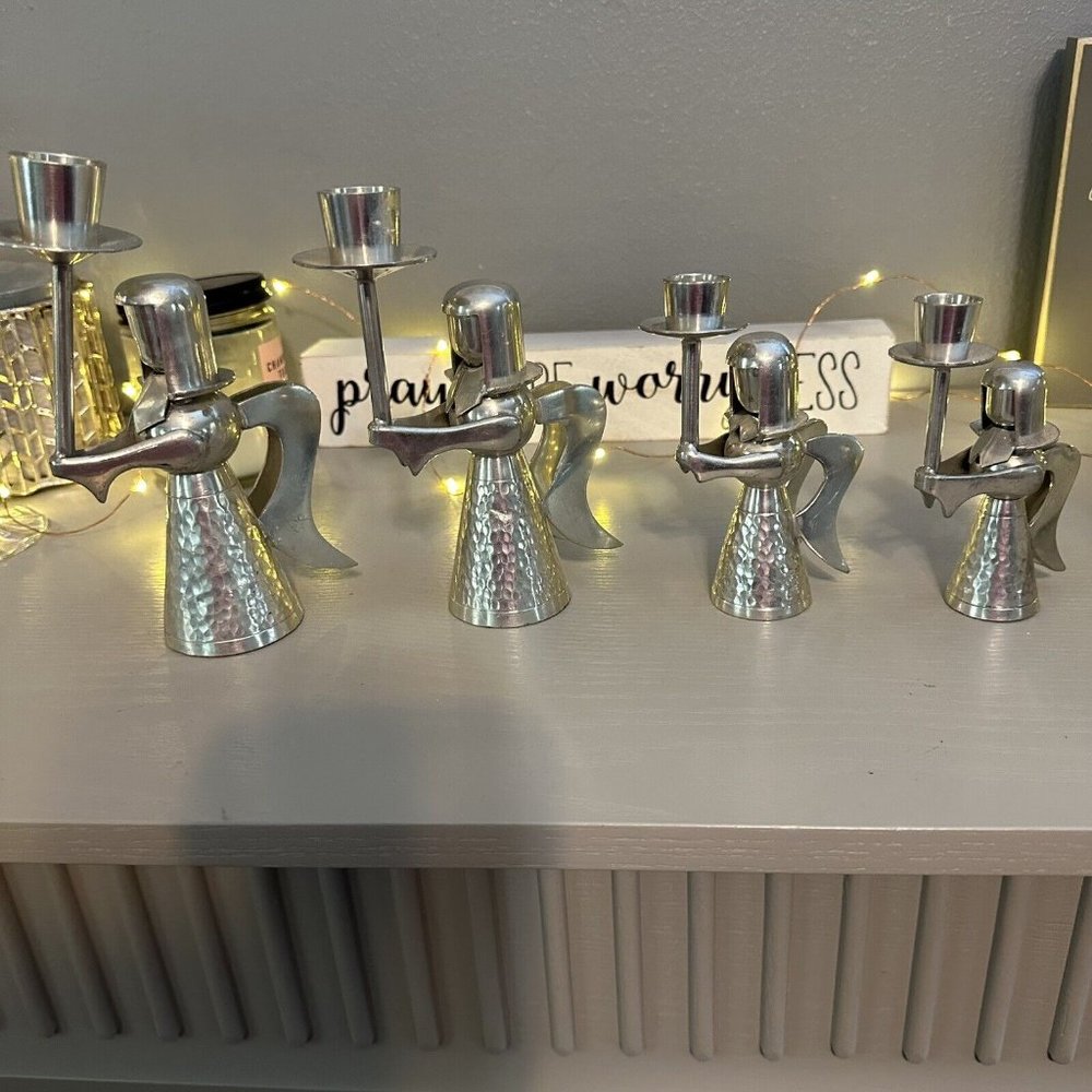 BANKA TIN ANGEL CANDLE HOLDERS SET OF 4 HAMMERED INDONESIA